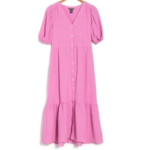 CHELSEA AND THEODORE Gauze Puff Sleeve Midi Dress In Pink Glow | Size XL